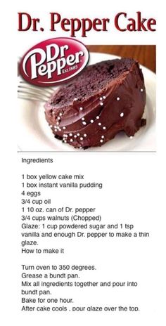 a recipe for dr pepper cake on a plate