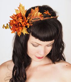 Shimmering Gold & Deep Russet Orange Autumn Wedding Wreath - Headpiece - Harvest Crown - Flowers and Leaves - Head Wreath - Fall Colors Flower Head Wreaths, Autumn Hair Accessories, Winter Wedding Hair, Orange Autumn, Autumn Fairy, Head Wreath, Fall Wedding Flowers, Wedding Wreaths