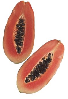 two pieces of papaya with seeds cut in half on a white background, side by side