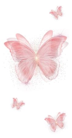 three pink butterflies flying in the air with bubbles on their wings and some white background