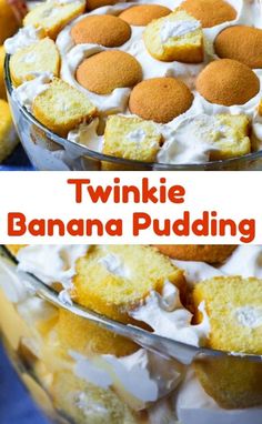 two pictures with the words twinkie banana pudding