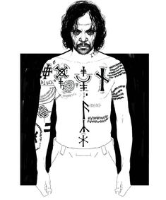 a black and white drawing of a man with tattoos on his chest