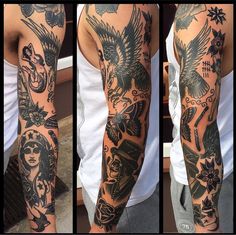 three different views of a man's arm with tattoos on it, including an eagle and flowers