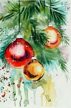 watercolor painting of christmas ornaments hanging from a pine tree