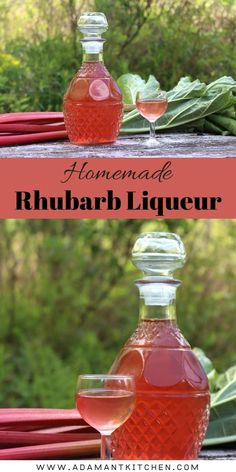 a bottle of rhubarb liquer next to a glass filled with liquid