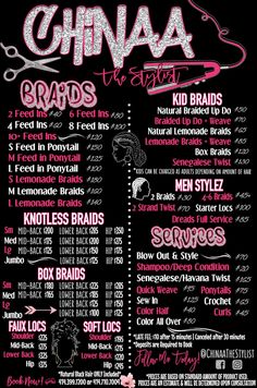 Beauty Salon Sign, Beauty Salon Pricing, Beauty Salon Menu, Hair Shop Sign, Hair Salon Sign, Hair Salon Pricing, Braid Price List, Locs Menu - Etsy Canada Hair Braiding Business, 70 Hair, Braiding Business, Hair Salon Price List, Hair Salon Prices, Loc Retwist, Hair Braiding Salon, Feed In Ponytail, Hair French