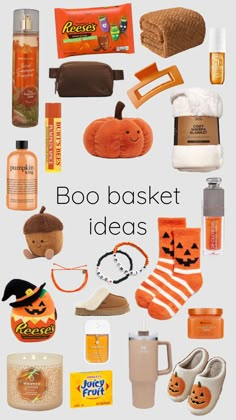 the words boo basket ideas are surrounded by various items