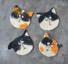 Felted wool funny cat coasters are made from 100% wool.  size 12-13 cm (4.7-5 inch) The price is for one coaster The color and coat pattern of the cat can be changed to  the one  of your pet or just the one you like. Handmade felted drink coasters are soft and light, absorb moisture well and protect your table from scratches, condensation or liquid drops. Handmade felted drink coasters are soft and light, absorb moisture well and protect your table from scratches, condensation or liquid drops. W Small Picnic, Wool Felt Coasters, Wool Coasters, Cat Snacks, Cool Coasters, Felt Coasters, Cat Coasters, Fabric Gift Wrap, Needle Felting Projects