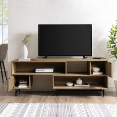 a flat screen tv sitting on top of a wooden entertainment center next to a potted plant