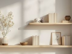 two shelves with books and vases on them