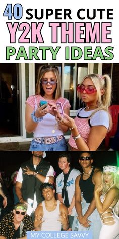 some people are taking pictures with their cell phones and the words, 40 super cute y2k theme party ideas