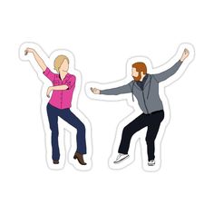 two people are dancing with their arms in the air and one person is holding his hand out