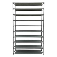 a metal shelving unit with six shelves on each side and one shelf below it