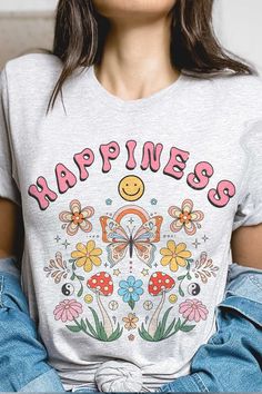 Spread happiness with our HAPPINESS RETRO GARDEN Graphic T-shirt. Made from high-quality materials, this shirt features a vintage-inspired graphic that will surely bring a smile to your face. Comfortable and stylish, it's the perfect addition to your wardrobe. Surround yourself with positivity and joy! SPECIFICATIONS: Premium 4.2 oz., 100% airlume combed and ringspun cotton. Retail fit Unisex sizing Shoulder taping Sideseamed Pre-shrunk Style: CASUAL Print / Pattern: LOVE MORE WORRY LESS Silhouette: TEE Fit: UNISEX Neckline: CREW Sleeve: SHORT Fabric Contents: 100% COTTON Stretch fabric. Non-sheer fabric Care Instructions: Machine wash warm, inside out, with like colors. Tumble dry low. Medium iron. Do not iron decoration. Do not dry clean. Size Measurement (inch): S: 18.0 (Bust), null (Wa Retro Slogan T-shirt For Spring, Retro Graphic Print T-shirt For Spring, Vintage Text Print T-shirt For Spring, Vintage Slogan Tops For Spring, Hippie T-shirt With Screen Print For Spring, Spring Hippie T-shirt With Screen Print, Hippie Cotton T-shirt With Graphic Print, Hippie Style Spring T-shirt With Screen Print, Fun Slogan T-shirt For Spring