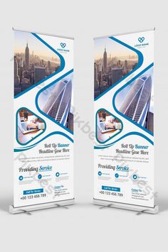 two roll up banners with the image of a cityscape in blue and white