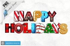 the word happy holidays is made up of letters with christmas decorations and lights on them