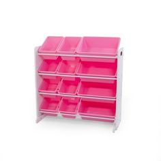 a pink toy storage unit with six bins