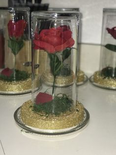 three glass vases with red roses in them sitting on a counter top next to each other