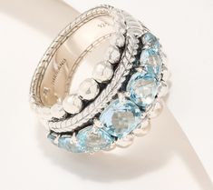 More is so much more! This graduated gemstone ring packs a whole lot of intriguing detail into a very wearable band. From JAI. Wide Wedding Rings, Best Friend Jewelry, Special Ring, Sky Blue Topaz, Silver Band Ring, Ring Size Guide, White Topaz, Wedding Ring Sets, Bling Bling