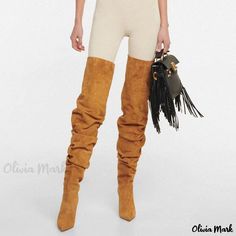 Olivia Mark - Elegant Over-the-Knee Stiletto Suede Boots with Slouchy design - Camel Beige Fitted Suede Knee-high Boots, Fitted Brown Suede Knee-high Boots, Fitted Beige Suede Heeled Boots, Otk Boots, Low Heel Boots, Suede Boots Knee High, Stiletto Boots, Olivia Mark, Suede Boots