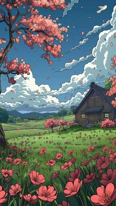 a painting of a house in the middle of a field with pink flowers on it