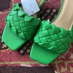 New Vibrant Green Braided Slip On Sandals Heel Size 7 Perfect For Summer Adds Pop Of Color To Any Neutrals Very Bottega Veneta-Eque Chic H&m Sandals For Spring, H&m Heels For Spring Party, Elegant H&m Heels For Spring, H&m High Heel Party Heels, Chic Open Toe Heels By H&m, Braided Heels, Brown Strappy Heels, Strappy Block Heel Sandals, Orange Sandals