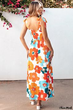 Olivia Mark - Exquisite Orange Floral Maxi Dress with Self-Tied Straps and Smocked Bust Craft Smock, Long Floral Dress, Create Your Own Sunshine, Shirred Dress, Romper And Jacket, Floral Dresses Long, Square Neck Dress, Smocked Dress, Maxi Gowns