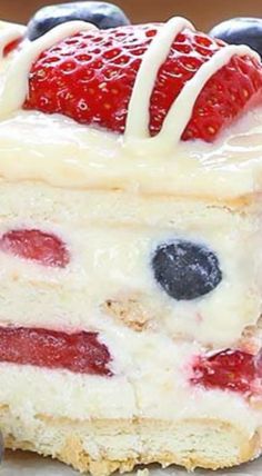 a piece of cake with strawberries and blueberries on top