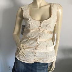 Vintage Nanette Lepore Button Down Tank Top. Eyelet Pattern With Silk Stripes And Mother Of Pearl Buttons. Cotton And Silk, Lined In Cotton. Marie Antoinette Style. Made In Usa Size 6. Approx Measurements Taken Laying Flat And Relaxed: Bust 34", Waist-29", Length From Side Armpit 14.5". New * Please Do Not Use My Photos Without Permission Fitted Tops With Pearl Buttons, Fitted Beige Tops With Buttons, Designer Beige Tops For Spring, Fitted Cream Top With Buttons, Designer Fitted Summer Blouse, Designer Spring Blouse With Buttons, Designer Cream Tops For Spring, Formal Fitted Tops With Pearl Buttons, Designer Summer Tops With Buttons