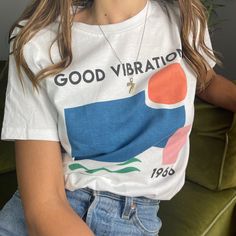 Spread positive energy with our Good Vibrations abstract cotton tee.As the world awakens add some nostalgic playful soul into your wardrobe with our astract inspired organic cotton tee, inspired by the iconic 66' Beach Boys song "Good Vibrations". Influenced by abstract artist Matisse, this colourful tee is perfect for those summer days!Our new oversized fit is the perfect piece to lounge around whilst feeling like your favourite vintage worn in t-shirt. Printed digitally directly on the garment Cheap Summer Daywear T-shirt, Affordable Graphic Tee With Text Print, Cheap Fun White Print T-shirt, Cheap Relaxed Fit T-shirt With Text Print, Cheap Retro Daywear Shirt, Simple Tshirt Design, Holiday Capsule Wardrobe, Artist Tees, Positive Tees