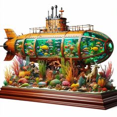 a model submarine with an underwater scene in the bottom half and sea life on top