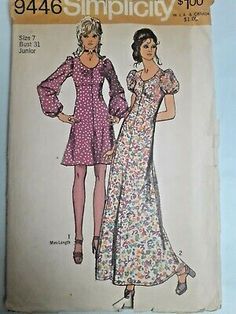 Dress Gown Maxi Mini 7 Simplicity Sewing Pattern 9446 Cut VTG 70's Empire Waist | eBay Dress With Skirt, Hippie Maxi Dress, Peasant Style Dress, Simplicity Patterns Dresses, 1970s Sewing Patterns, Patron Vintage, Vestidos Retro, Vintage Dress Patterns, 70s Boho