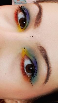 Rainbow Makeup Aesthetic, Loud Makeup Looks, Colorful Makeup Ideas Eyeshadows, Easy Purple Makeup Looks, Pride Makeup Hooded Eyes, Rainbow Eyeliner Looks, Subtle Colorful Makeup, Rainbow Pride Makeup, Funky Eyeshadow Looks