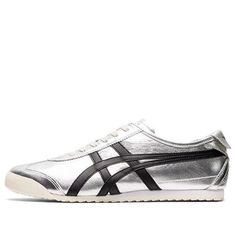 Onitsuka Tiger MEXICO 66 'Pure Silver' 1183B566-020 Sporty Metallic Silver Leather Sneakers, Classic Silver High-top Sneakers, Metallic Leather Sneakers For Streetwear, Metallic Sneakers With Rubber Sole For Streetwear, Sporty Metallic Sneakers With Perforations, Classic Silver Sneakers For Light Sports, Classic Silver Sneakers With Perforated Toe Box, Modern Silver Sneakers With Rubber Sole, Classic Silver Sneakers