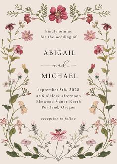 a wedding card with flowers and leaves in the middle, on a light pink background