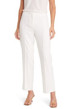 Pleated detail elevates the polished look of these high-waist pants designed from lightweight crepe fabric in a straight-leg silhouette. 82% triacetate, 18% polyester Dry clean Imported Elegant White Wide Leg Pants With Pressed Crease, White Straight Hem Dress Pants For Business Casual, Tailored White Wide Leg Pants With Pressed Crease, White Dress Pants With Pressed Crease For Work, White Dress Pants With Pressed Crease, Elegant White Wide Leg Pants For Business Casual, Formal Straight Silhouette Bottoms For Spring, Formal Spring Bottoms With Straight Silhouette, White Straight Dress Pants With Pressed Crease