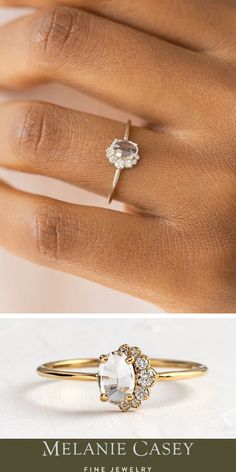 An oval white sapphire is set inverted, accented by a sweep of diamonds atop a delicate 14k gold band. The White Sapphire Astra Ring is an alternative engagement ring, a lovely stacking ring, and an affordable gift! Find it in yellow, rose, or white gold at melaniecasey.com. Delicate Rose Cut Diamond Proposal Ring, Ethereal 14k Gold Rings With Rose Cut Diamonds, Cluster Ring With Rose Cut Diamonds For Promise, Sapphire Cluster Ring With Rose Cut Diamonds For Promise, Delicate Cluster Ring With Rose Cut Diamonds For Promise, Delicate Cluster Ring With Rose Cut Diamonds, Wedding Cluster Ring With Rose Cut Diamonds And Sapphire, Crystal Promise Ring With Rose Cut Diamonds, Delicate Rose Cut Diamond Cluster Ring