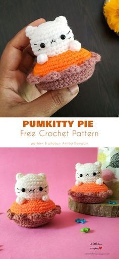 there is a small crocheted pumpkin pie on the left and an amigurt cat on the right