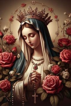 the virgin mary with roses in her hair and rosary on her chest is surrounded by flowers