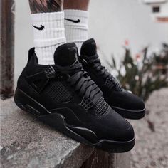 All Sizes!!! **Brand New** Black Air Jordan 4 High-top Breathable, Black Breathable High-top Air Jordan 4, Black Breathable Air Jordan 4 Lace-up, Casual Black Air Jordan 4 With Round Toe, Black Cat Outfit, Air Jordan 4 Black Cat, Jordan 4 Black, Sneaker Outfits, Casual Athletic Shoes