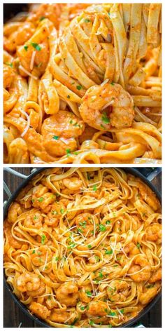 two pictures showing different types of pasta with shrimp and parmesan cheese on top