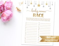 a baby name race game with pink flowers and gold foil stars on it next to a pair of scissors