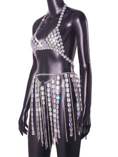 Sexy see through metal rhinestone mini summer dress set: includes top and bottom. This is a one size adjustable set. Summer Club Mini Dress With Rhinestone Fringe, Silver Body Chain For Night Out In Summer, Silver Body Chain For Summer Night Out, Summer Club Mini Dress With Rhinestones, Glamorous Body Jewelry For Summer Night Out, Glamorous Summer Body Chain With Rhinestones, Summer Rhinestone Body Chain, Summer Party Body Jewelry With Rhinestones, Silver Mini Dress With Rhinestones For Summer