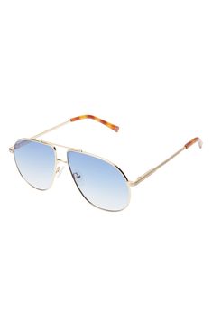 Channel retro style in these casual-cool sunglasses featuring pinstripe-textured metal frames in a '70s-inspired aviator silhouette. 60mm lens width; 13mm bridge width; 145mm temple length 100% UV protection Adjustable nonslip nose pads Metal Imported Retro Aviator Sunglasses With Metal Frame, Spring Metal Frame Aviator Sunglasses, Classic Aviator Sunglasses For Spring, Retro Aviator Sunglasses With Gradient Lenses For Spring, Retro Spring Sunglasses With Metal Frame, Retro Aviator Sunglasses With Tinted Lenses, Retro Aviator Sunglasses With Tinted Lenses For Spring, Retro Metal Frame Sunglasses, Retro Aviator Shield Sunglasses With Tinted Lenses