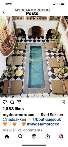 an aerial view of a pool surrounded by furniture and potted plants, with the caption'my dearmorocco posts'above it