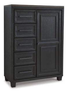 a black cabinet with drawers and doors on the bottom shelf is shown in front of a white background