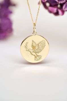 Our 14k Dove Necklace can be personalized with a custom engraving on the back of the pendant. It can be a thoughtful gift for birthdays, baptisms or graduations. Dove is the symbol of symbols of peace, freedom and love. It is also a symbol of the Holy Spirit. ● 14K SOLID GOLD ● FREE BACK SIDE PERSONALIZATION ● FREE PRIORITY SHIPPING ( 1-3 DAYS DELIVERY) ● Inner diameter of the jump ring is 4mm ● Pendant thickness is 0.5mm 🇺🇸 All items are HANDMADE IN USA 🇺🇸 All materials are sourced from USA Symbols Of Peace, Flying Dove, Dove Pendant, Peace Jewelry, Dove Jewelry, Dove Of Peace, Dove Necklace, Preparing For Marriage, Personalized Pendant