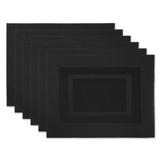 six black place mats on a white background, each with a square in the middle