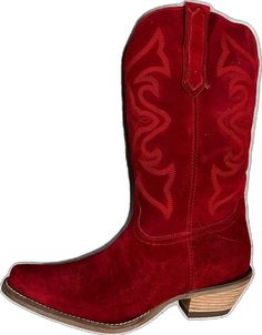 Casual Red Snip Toe Boots, Red Boots For Rodeo In Winter, Red Embroidered Winter Boots, Red Embroidered Boots With Round Toe, Embroidered Red Boots With Round Toe, Red Suede Boots, Red Boots, Red Suede, Suede Boots