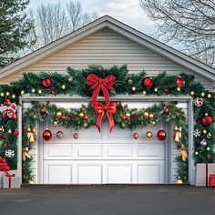 a garage decorated for christmas with presents and decorations on the front door, surrounded by trees